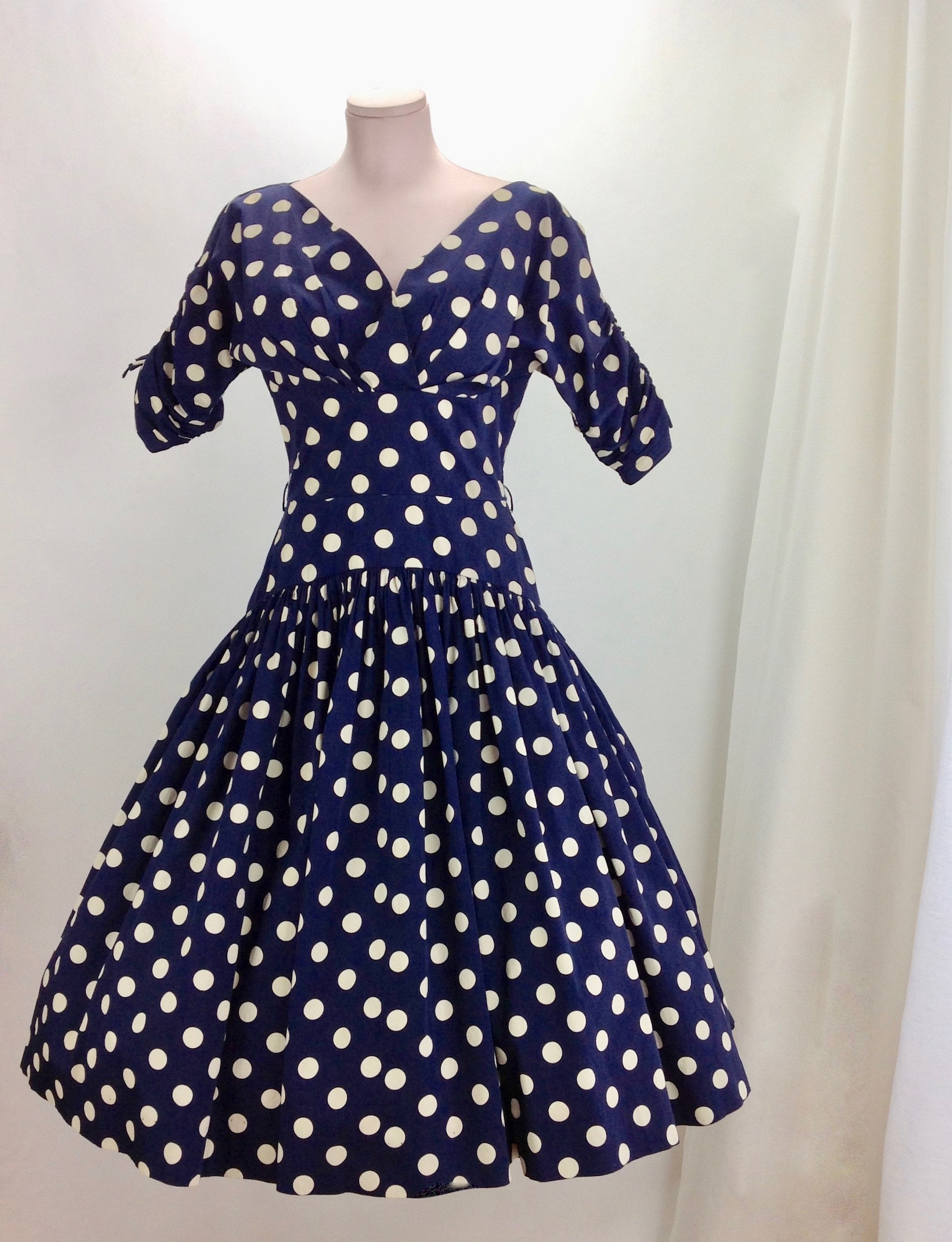 1950s Navy Blue Polka Dot Rayon Dress with Pockets | x-small/small
