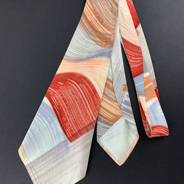 1950's Wide Vintage Tie - Hand Painted with Wispy Brush Strokes - Gray, Rust, & Light Brown