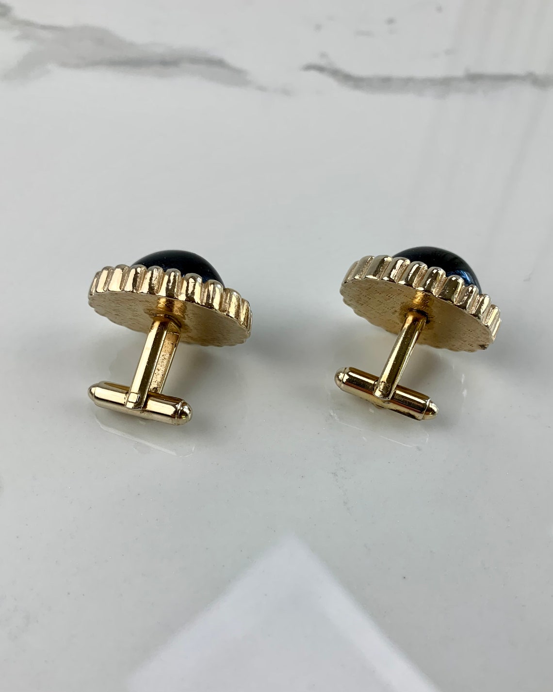 1960'S Cuff Link Set - Oval Black Glass Stones Set in a Decorative ...