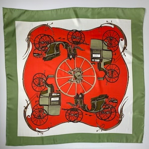 Victorian Horse Carriages Scarf - Vintage Buggies - Tomato Red & Green - Silk or Silk Blend - 34 x 34 Inches