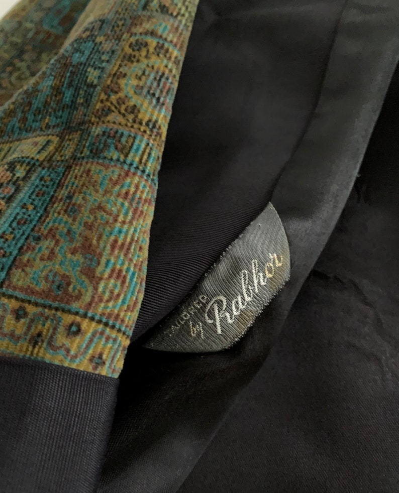 1960'S TUXEDO JACKET Printed Cotton Corduroy Black Shawl Collar Satin Lined Tailored by Rabhor Men's Size Large image 10