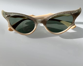 Gafas de sol Ray-Ban Cat Eye de B&L de los años 50 - Detalles de doble punta con purpurina - Lentes de cristal verde