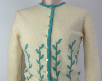 Early 1960'S Cardigan Sweater - BOBBIE BROOKS - Woven Leaf Print - Aqua on Cream - Lambswool Blend - 3/4 Sleeves - Size Small