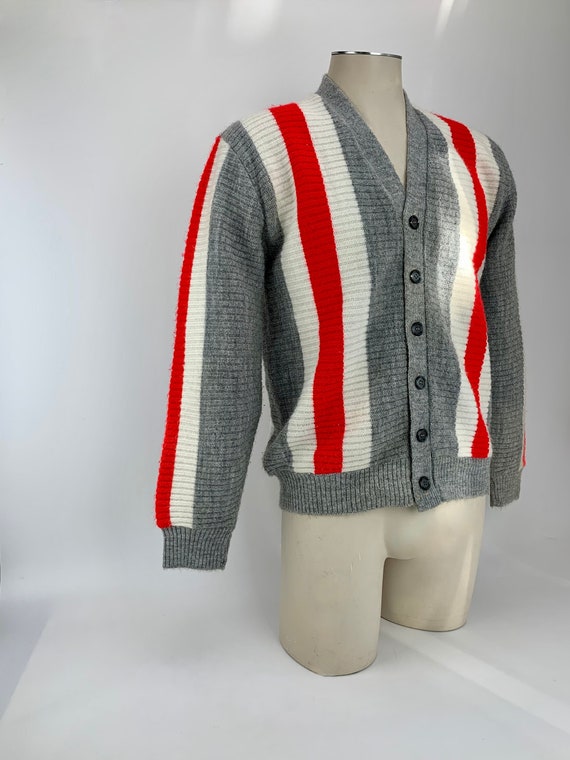 1960's MOD Striped Cardigan - Gray Body with Whit… - image 2
