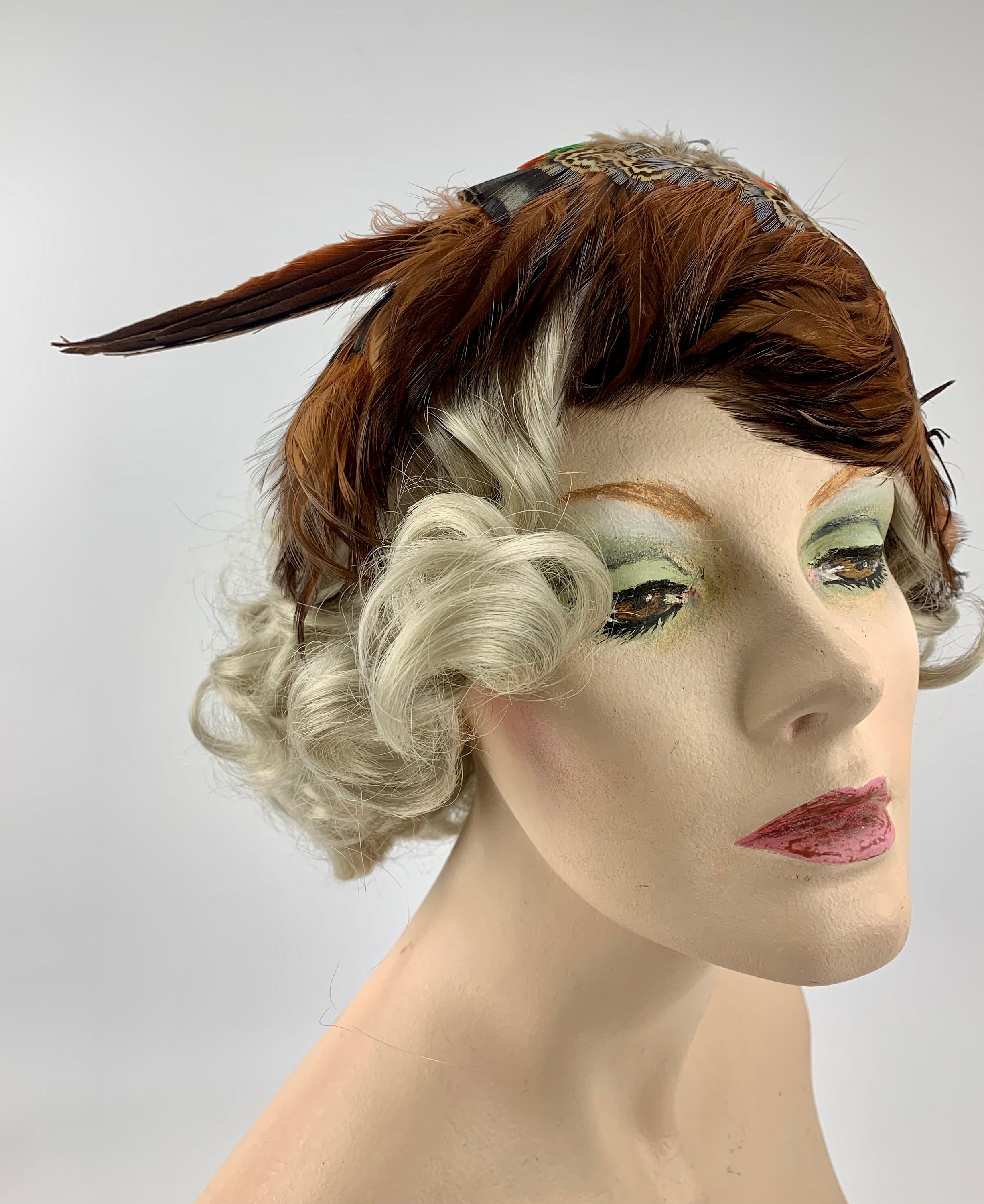 1950s Feather Pillbox Style Hat, Fall Colored Feathers