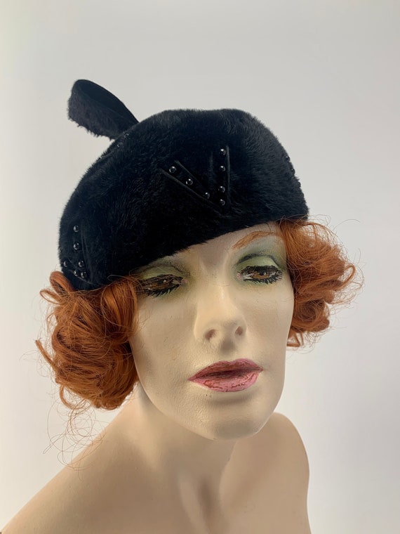 1950-60'S Fur Felt Hat - Beanie Tam - Long Black … - image 8