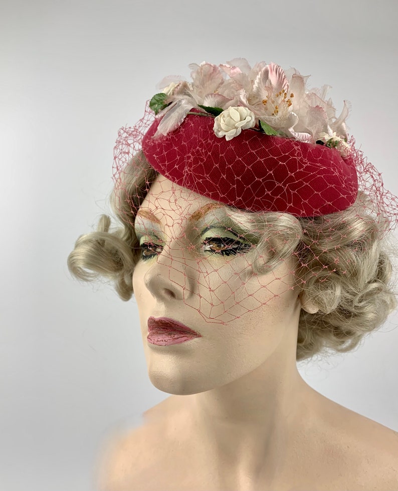 1960'S Pill Box Hat Pink Velvet with White Delicate Silk Flowers Lovely Details Netted Veil image 3