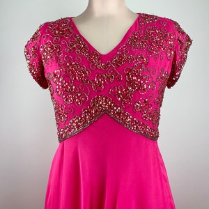 1960'S Goddess Dress Hot Pink Silk Chiffon Iridescent Seqiuns & Beadwork Helen Bass for HAROLD Medium 画像 4