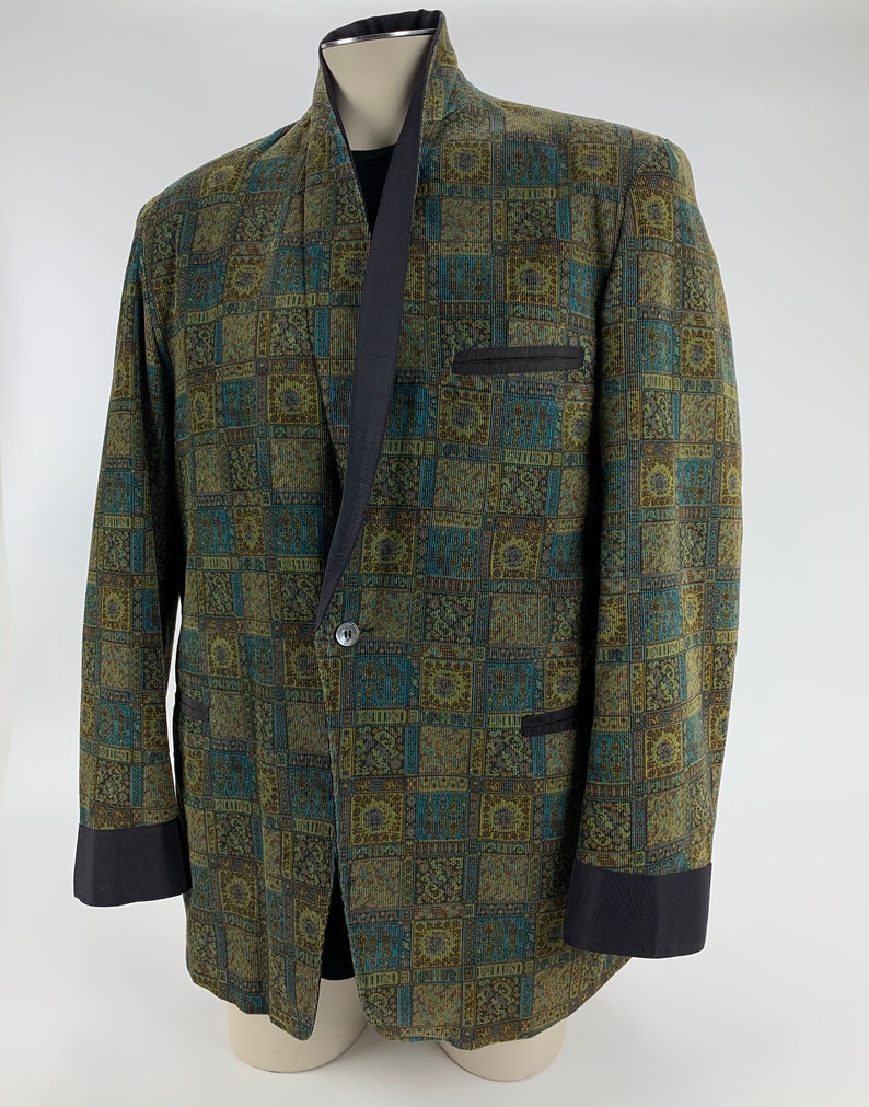 1960'S TUXEDO JACKET Printed Cotton Corduroy Black Shawl Collar Satin Lined Tailored by Rabhor Men's Size Large image 8