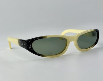 1950'S-60's Cat Eye Sunglasses - Butter Cream Plastic Frames with Black Glitter Edges - COOL-RAY POLAROID 155 - Year Round Lens