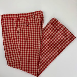 1970'S Plaid Slacks Wild Mod Styling Wide Stovepipe Legs Red & Biege Plaid Check Wide Cuffs 35 Inch Waist image 1