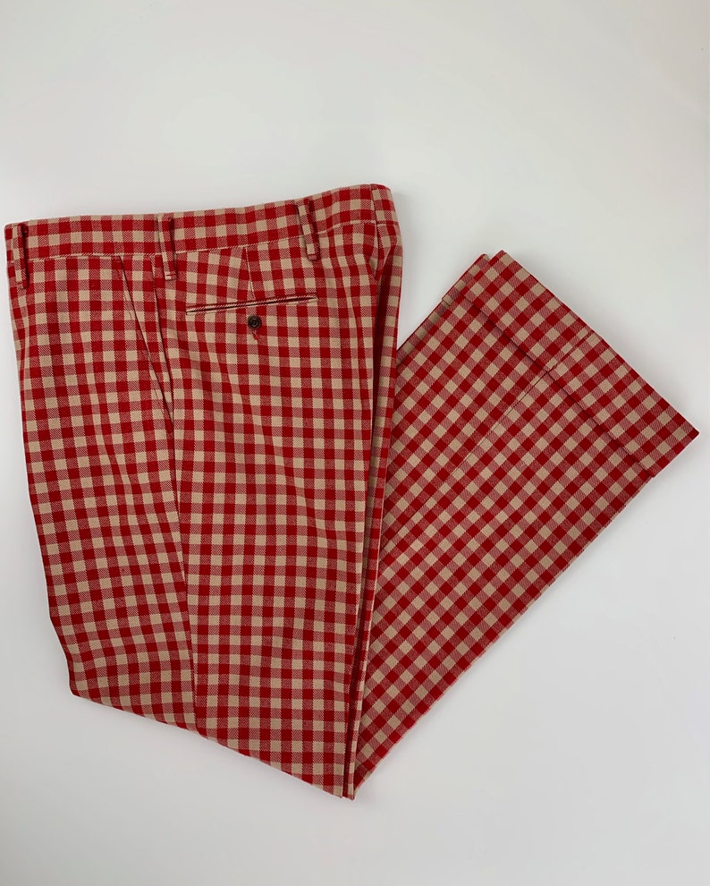 1970'S Plaid Slacks Wild Mod Styling Wide Stovepipe Legs Red & Biege Plaid Check Wide Cuffs 35 Inch Waist image 1