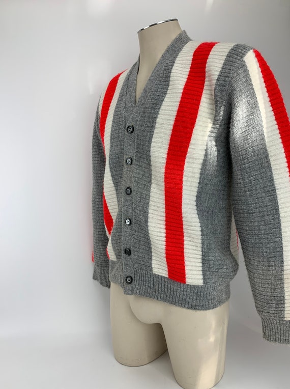 1960's MOD Striped Cardigan - Gray Body with Whit… - image 4