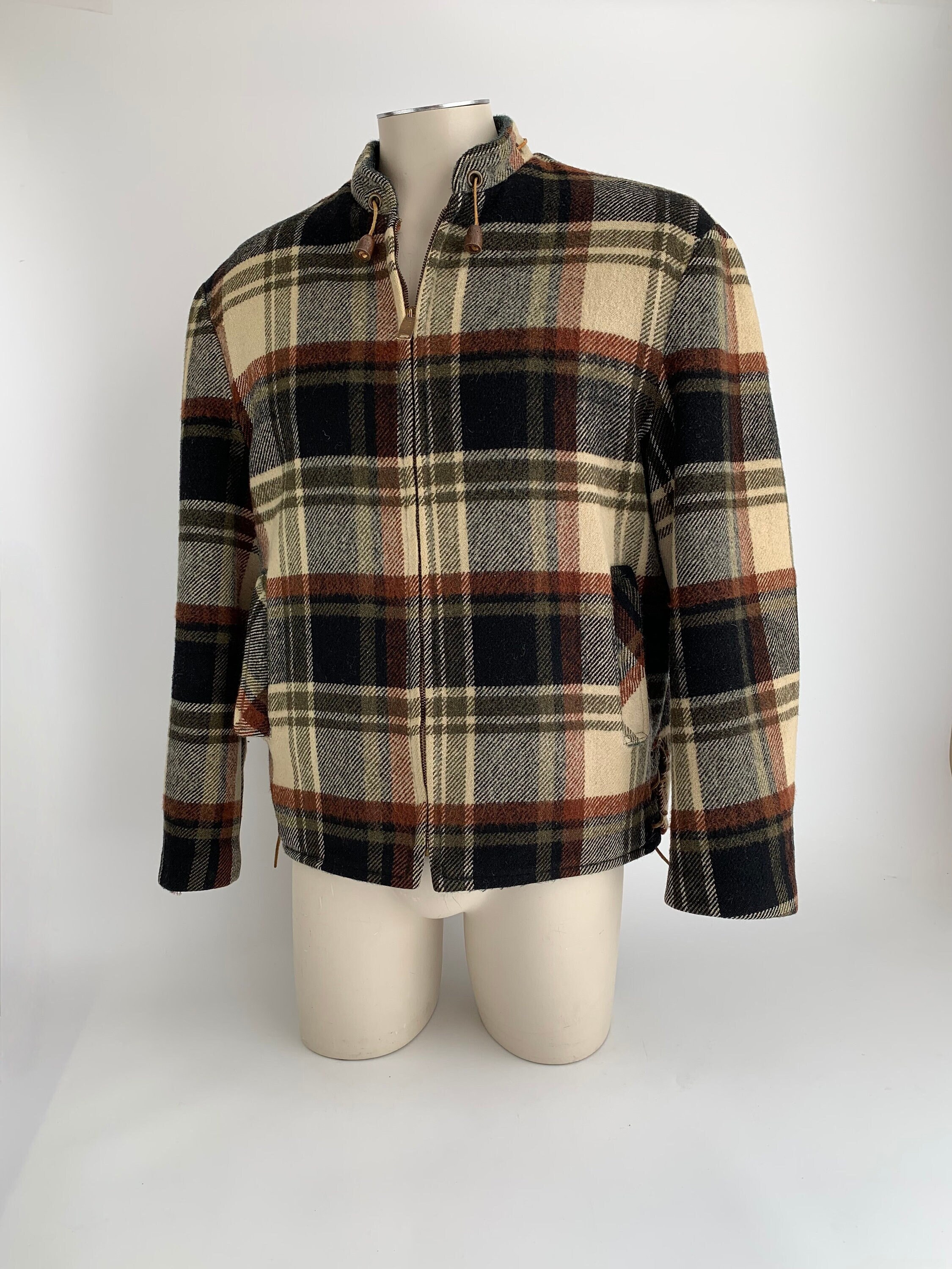 1950's Wool Plaid Jacket Boxy Cut TOWNCRAFT PENNEYS Leather Lacing