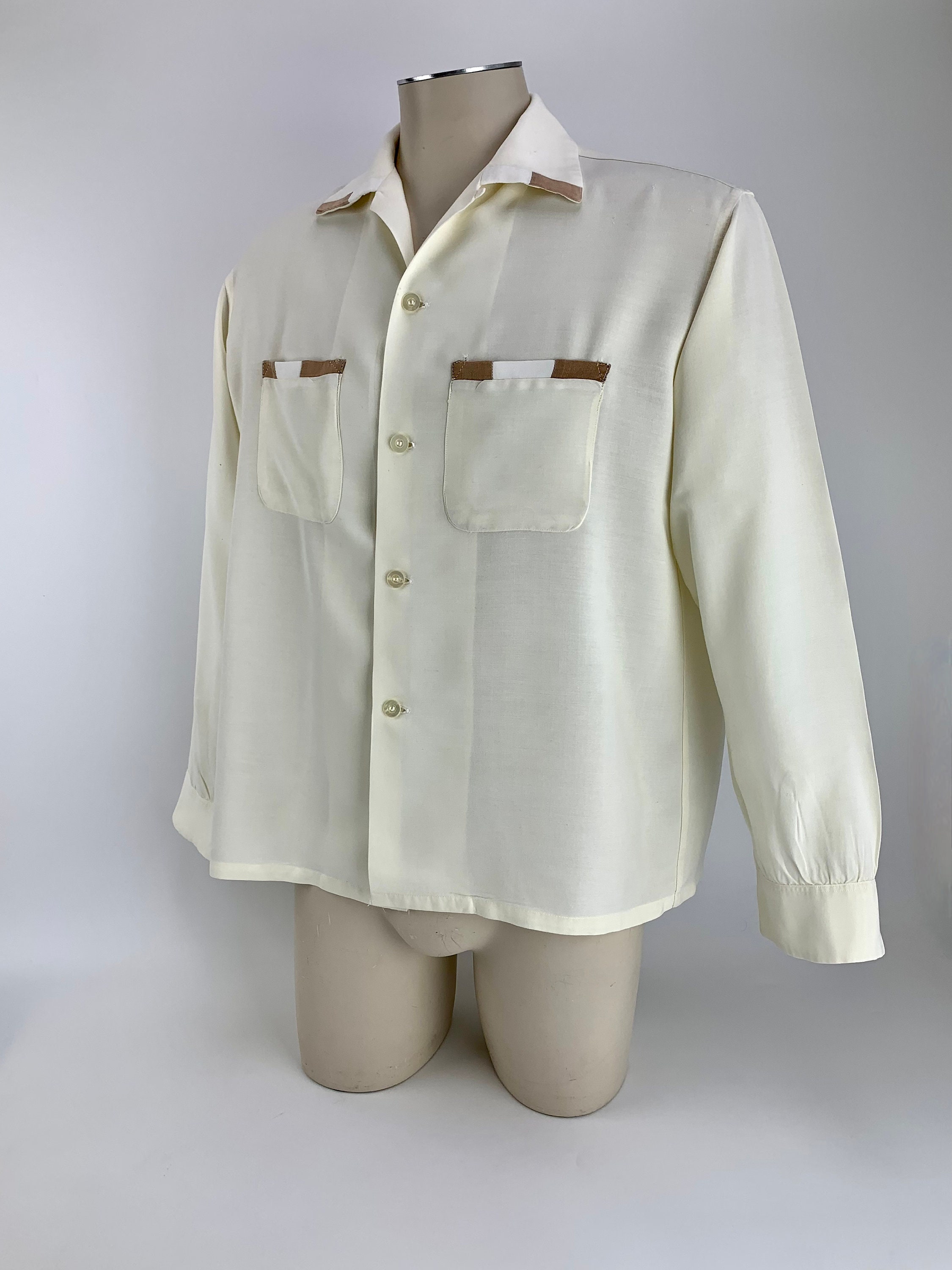 1950's Rayon Shirt - PENNEY'S TOWNCRAFT - Pale Yellow With 1950's Rayon Shirt - PENNEY'S TOWNCRAFT - Pale Yellow With