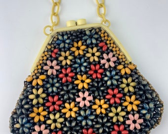 Rare>> 1920's-30's Celluloid Handbag - with Painted & Died Wooden Beadwork - Black Fabric Lining