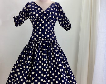 1950's POLKA DOT DRESS - Nipped Drop-Waist - All Cotton - Full Gathered Skirt - Old Hollywood - Size Medium