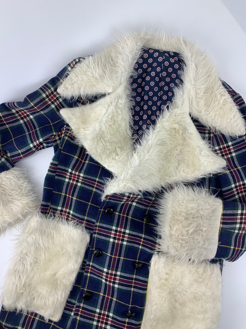 1970'S Pimp Jacket Faux Fur & Wool Plaid Austin Powers Style Fully Lined NOS Dead-Stock /Men's Size Large image 1