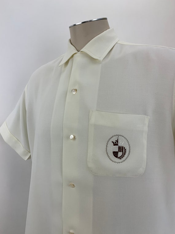 1950's Rayon Shirt - Embroidered Crest - Light Bu… - image 5