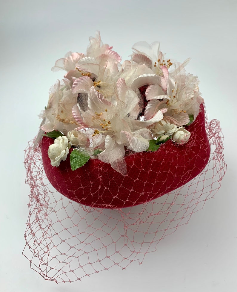 1960'S Pill Box Hat Pink Velvet with White Delicate Silk Flowers Lovely Details Netted Veil image 9