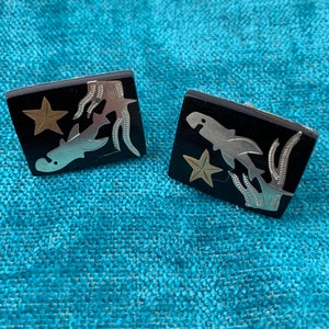 1950's Sea Life Cuff Link Set Inlay Images of Sharks, Star Fish & Seaweed Sterling Silver Set in Black Resin Handmade TAXCO Mexico image 2