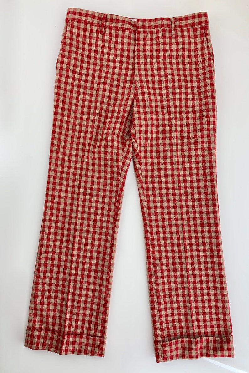 1970'S Plaid Slacks Wild Mod Styling Wide Stovepipe Legs Red & Biege Plaid Check Wide Cuffs 35 Inch Waist image 5