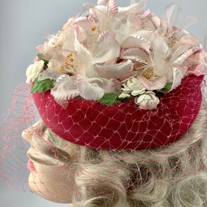 1960'S Pill Box Hat Pink Velvet with White Delicate Silk Flowers Lovely Details Netted Veil image 8