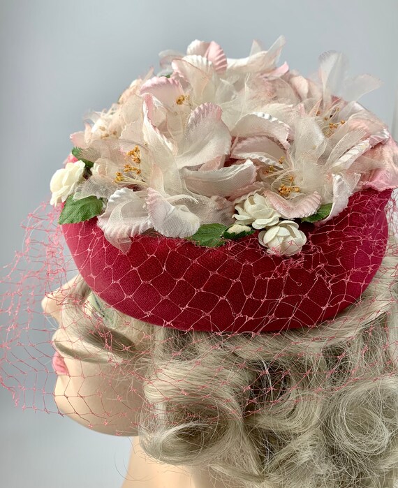 1960'S Pill Box Hat - Pink Velvet with White Deli… - image 8