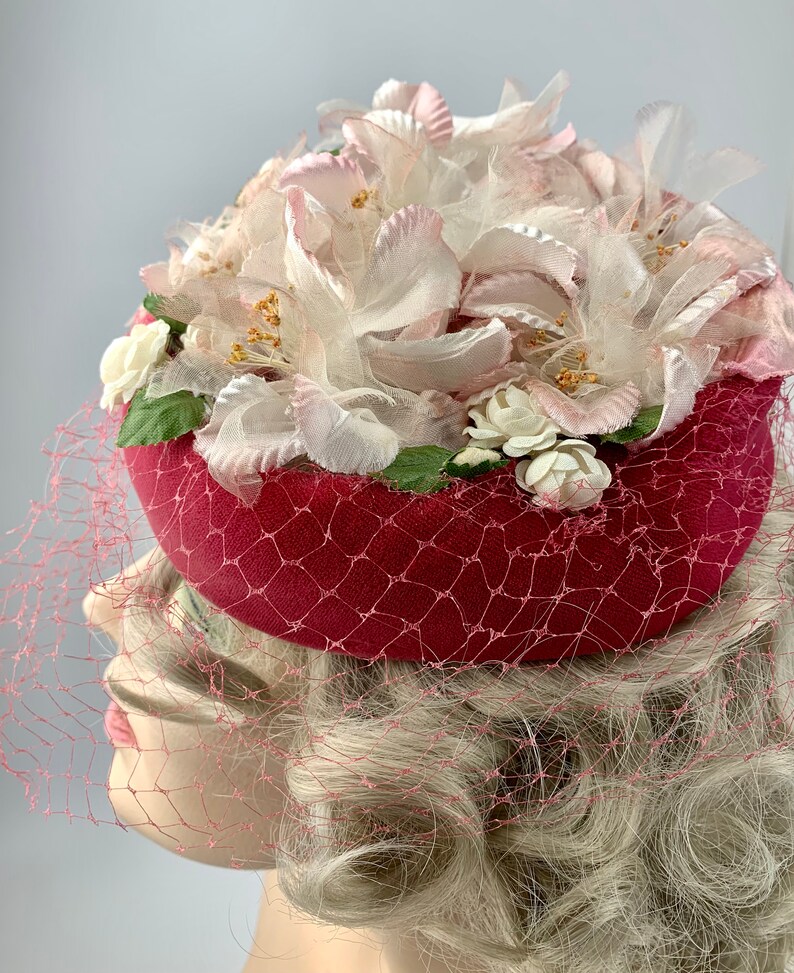 1960'S Pill Box Hat Pink Velvet with White Delicate Silk Flowers Lovely Details Netted Veil image 8