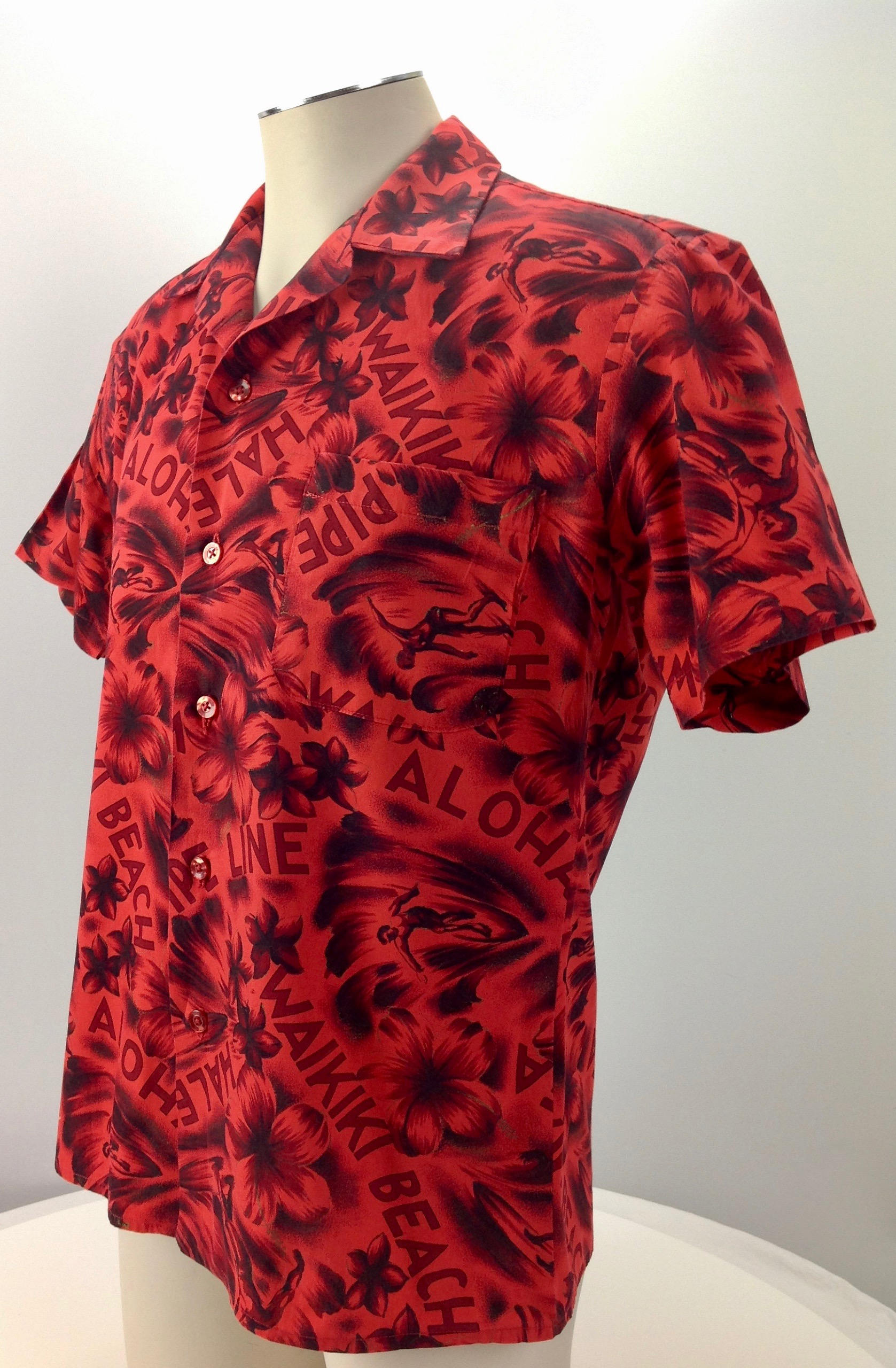 1960's Hawaiian Shirt - All Cotton - Patch Pocket - Aloha - Waikiki Beach - Surfers - Hibiscus - Men's Size Medium