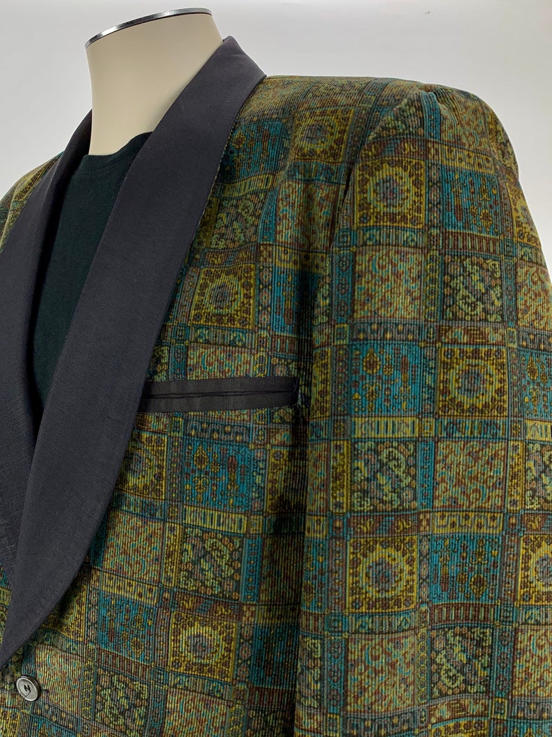 1960'S TUXEDO JACKET Printed Cotton Corduroy Black Shawl Collar Satin Lined Tailored by Rabhor Men's Size Large image 6