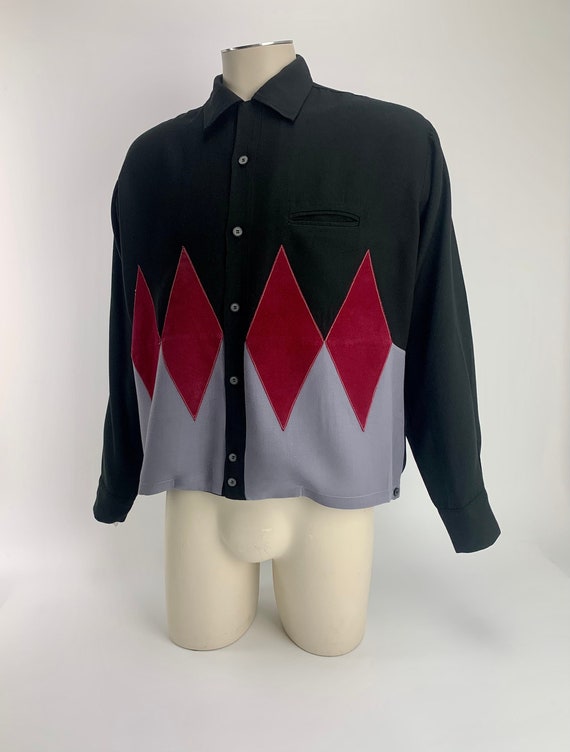 1950's Harlequin Shirt - Black Rayon with Large Ar