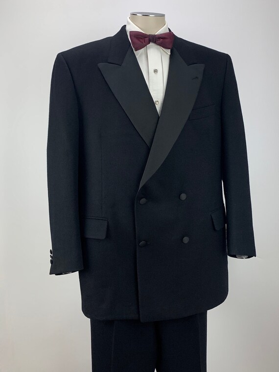 1990s 2 Piece Black Tuxedo Double Breasted Notched Satin Lapel 