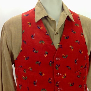 1950'S-60'S Cotton Corduroy VEST Fishing Lure Pattern 4 Slash Pockets Satin Back Men's Size Large image 8