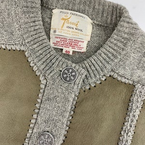 1960's Cardigan Sweater Natural Suede & Wool Crochet Details Snowflake Metal Buttons Women's Size 40 Medium image 3
