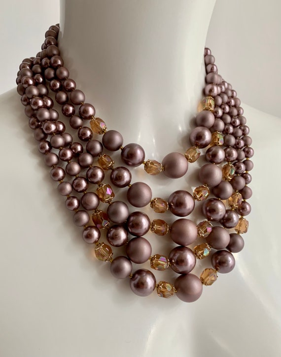 Vintage 1950'S Pearl Necklace - 5 Strands of Mauv… - image 3