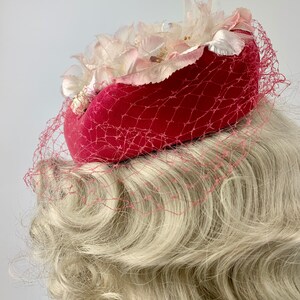 1960'S Pill Box Hat Pink Velvet with White Delicate Silk Flowers Lovely Details Netted Veil image 7