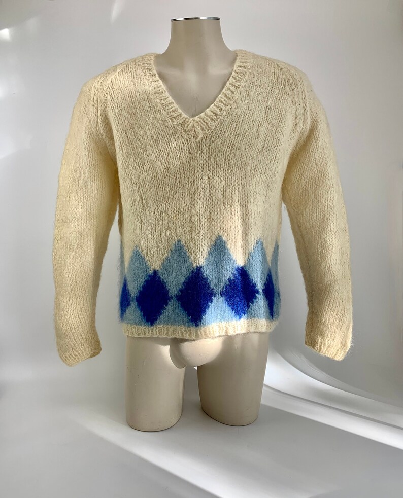 1950's-60's MOHAIR V Neck Sweater BRENT Label Two Tone Blue Argyle Diamonds Made in ITALY Men's Size Large image 3