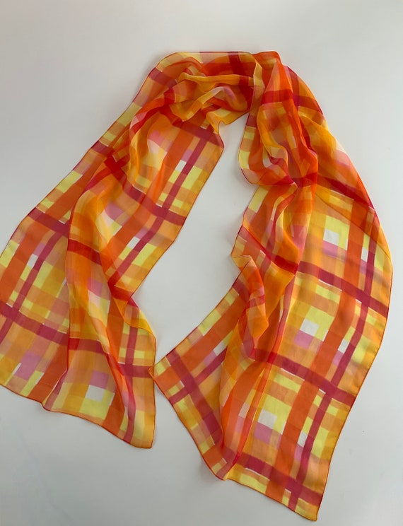 Vintage 80's Sheer Plaid Scarf - Silk Chiffon - Wa