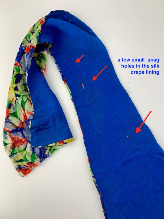 Vintage Silk Velvet 1920's Beaded Fringe Scarf Coat - Renaissance Floral - Cerulean