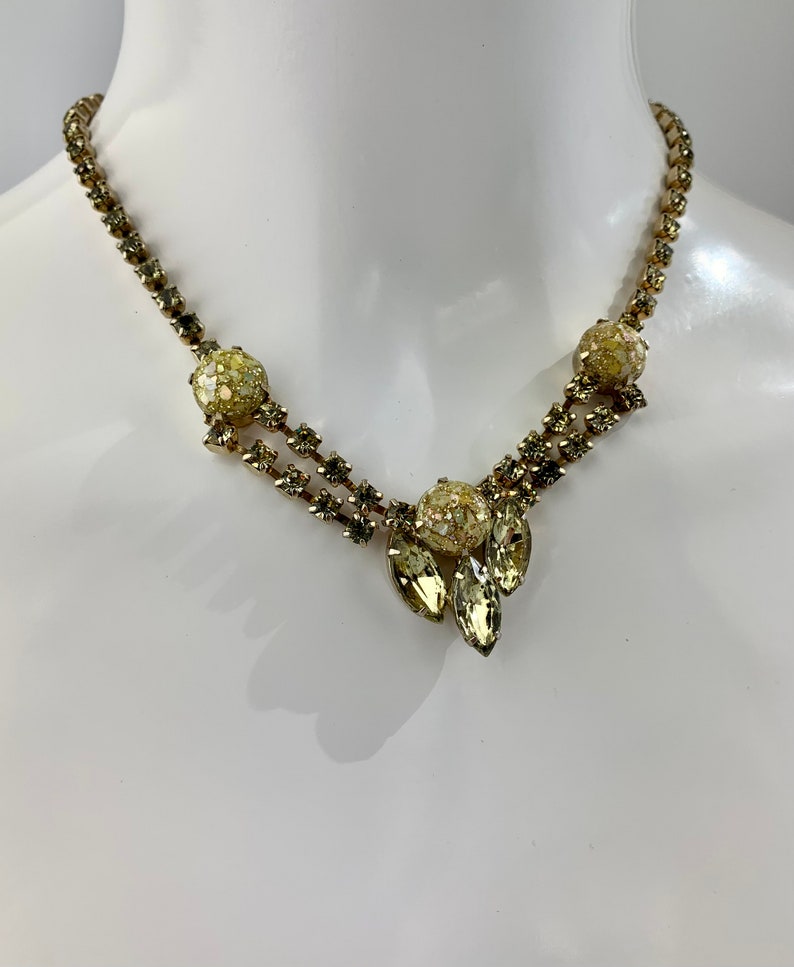 1950's Crystal Necklace in Golden Colors 3 Marquise shaped Baguettes in Citrine All Prong Set Crystals 15 Inch Choker Length image 4