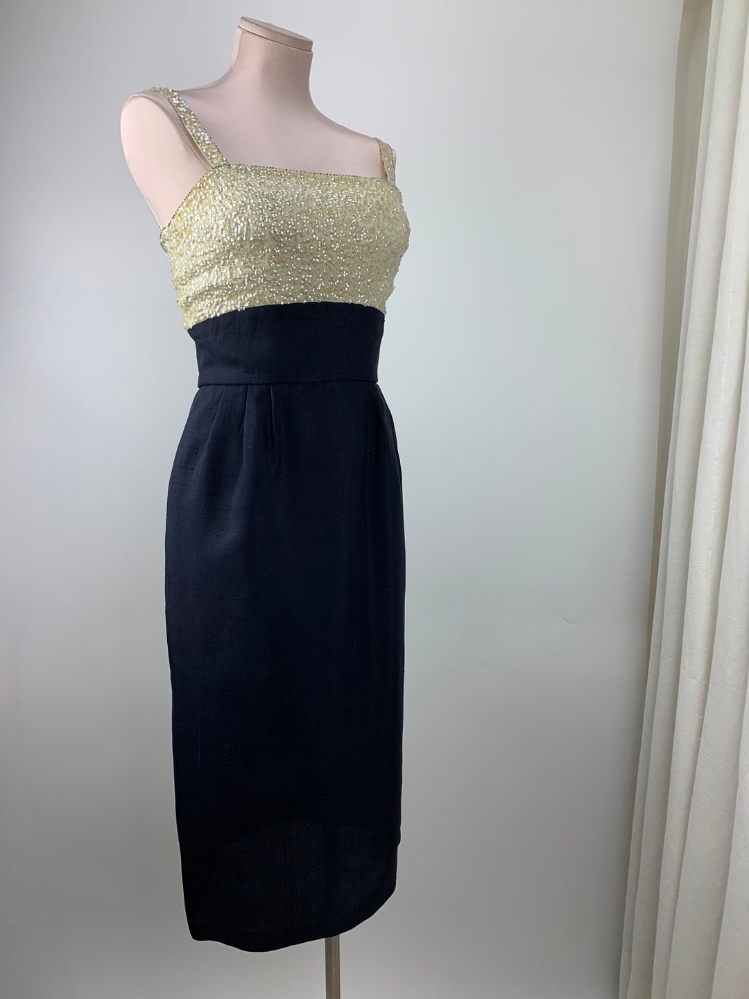 1960's Fitted Cocktail Dress Empire Waist Wiggle Dress Iridescent Sequin Details Size Small to