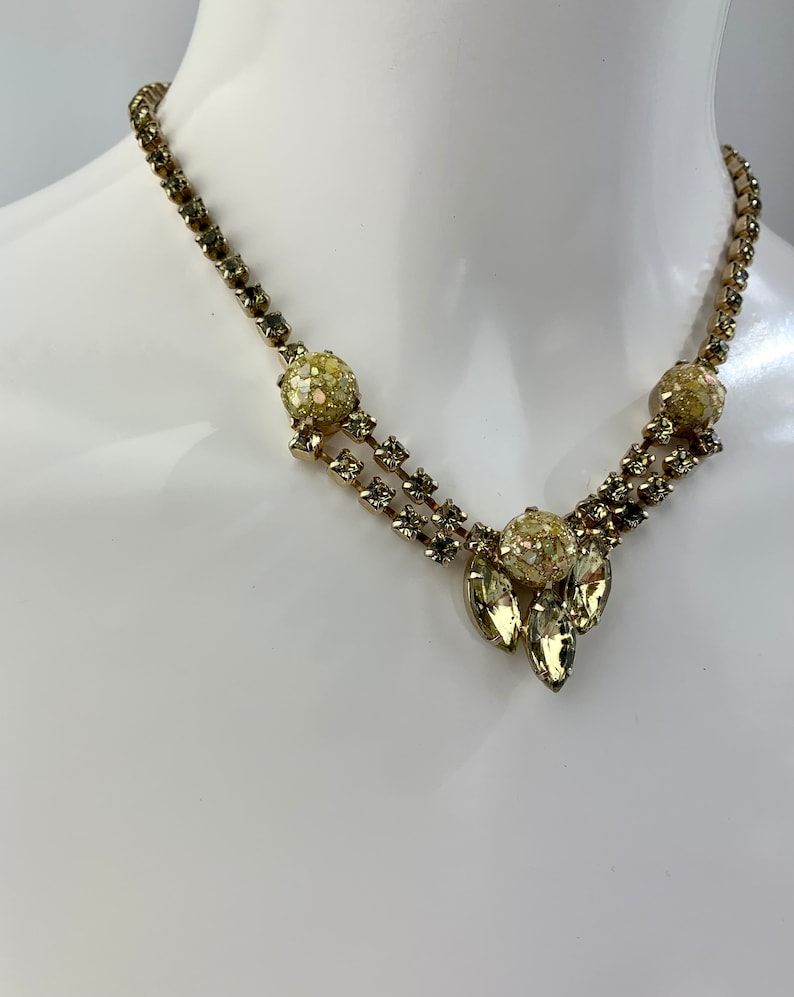 1950's Crystal Necklace in Golden Colors 3 Marquise shaped Baguettes in Citrine All Prong Set Crystals 15 Inch Choker Length image 5