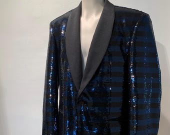 Sequin Tuxedo Jacket - Shawl Collar - Black & Blue Striped Sequins - Printed Satin Lining - Men's Size 46 Large to XL