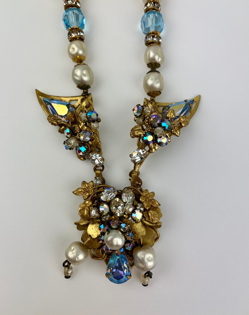 1940's-50's Necklace with Aurora Borealis Faceted Crystals, Faux Pearls and Rhinestones 16 Inch Length image 8