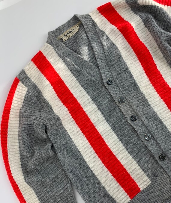 1960's MOD Striped Cardigan - Gray Body with Whit… - image 7