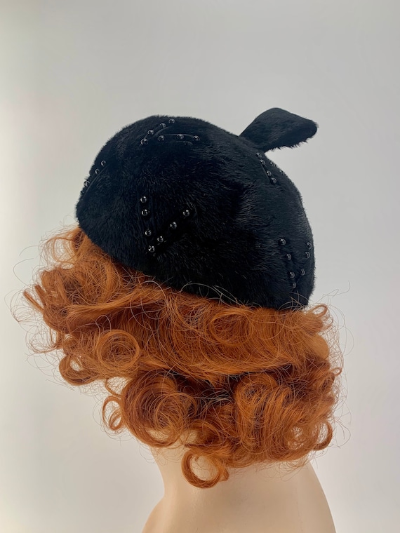 1950-60'S Fur Felt Hat - Beanie Tam - Long Black … - image 4