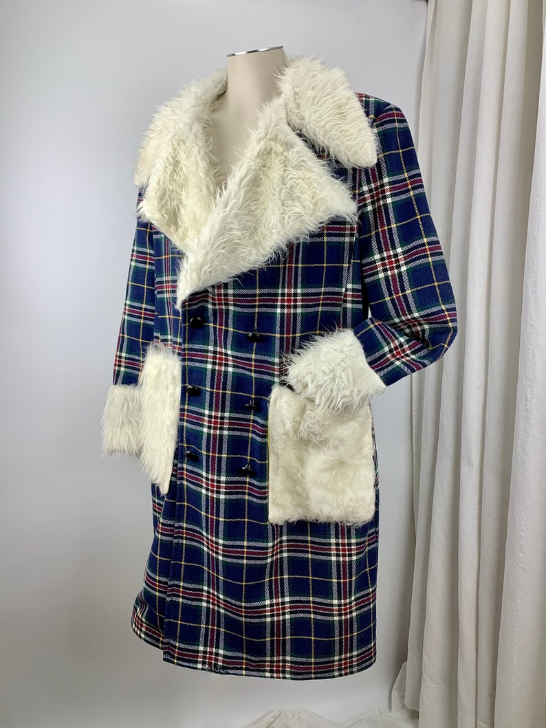 1970'S Pimp Jacket Faux Fur & Wool Plaid Austin Powers Style Fully Lined NOS Dead-Stock /Men's Size Large image 8