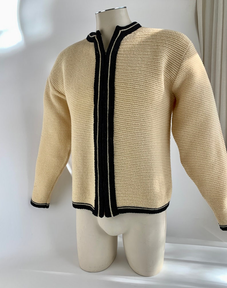 1950'S-60'S MOD Zip Cardigan BRENTWOOD SPORTSWEAR Heavy Territory Wool Butter Cream Body with Black Details Men's Medium to Large image 7