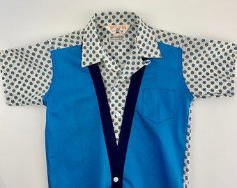1950'S YOUNG BOY'S Shirt-Jac - 2-Tone Vested Shirt - All Cotton - Double French Seams - Loop Collar - Young Boy's Size - NOS DeadStock